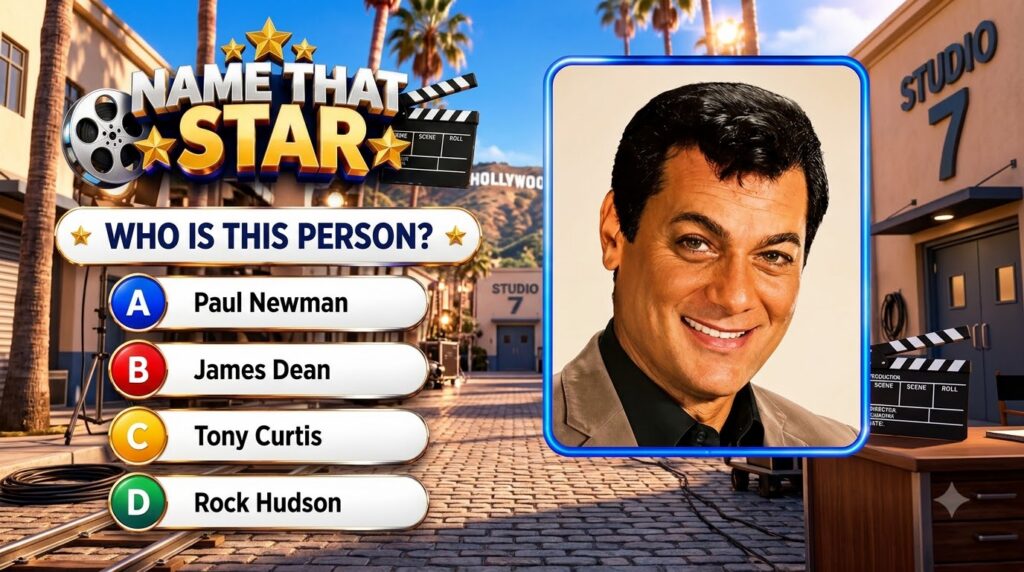 A vibrant high-energy quiz graphic titled Name That Star featuring a central portrait of a smiling Tony Curtis The backg