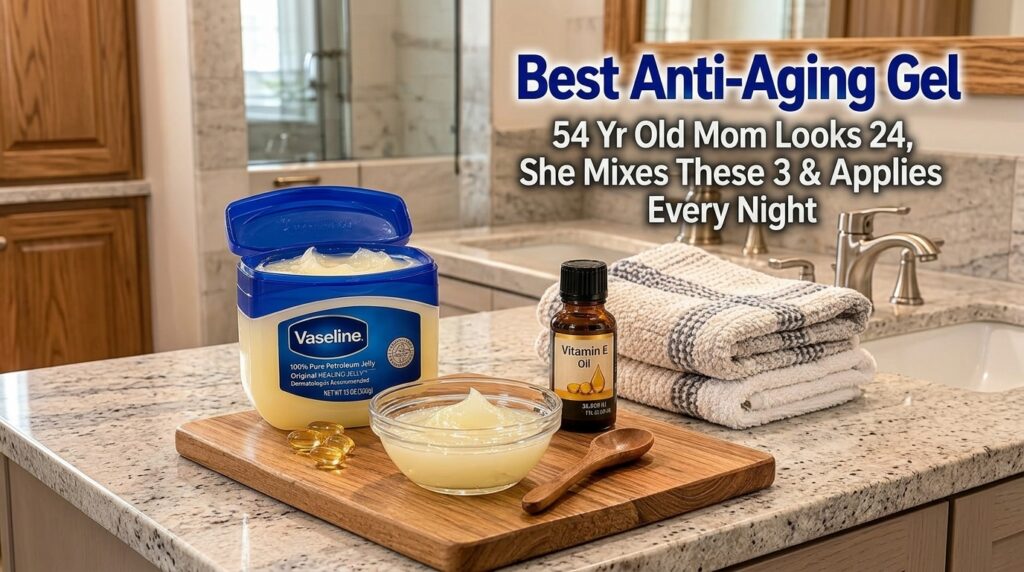A tub of Vaseline an open bottle of Vitamin E oil Vitamin E capsules and a yellowish gel mixture in a glass bowl with a 