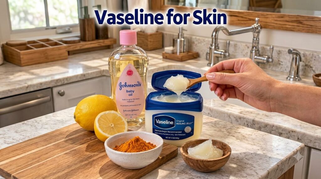 A still life composition showing a bottle of Johnson s baby oil a tub of Vaseline Original Healing Jelly with a wooden s