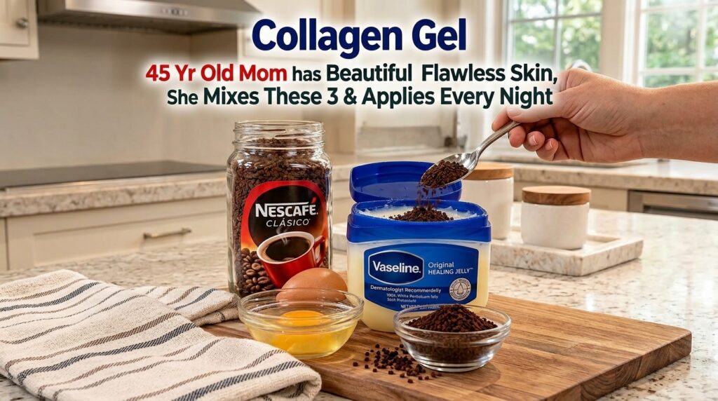 A close-up shot on a kitchen counter showing a hand mixing coffee grounds into Vaseline in a small bowl with an egg and