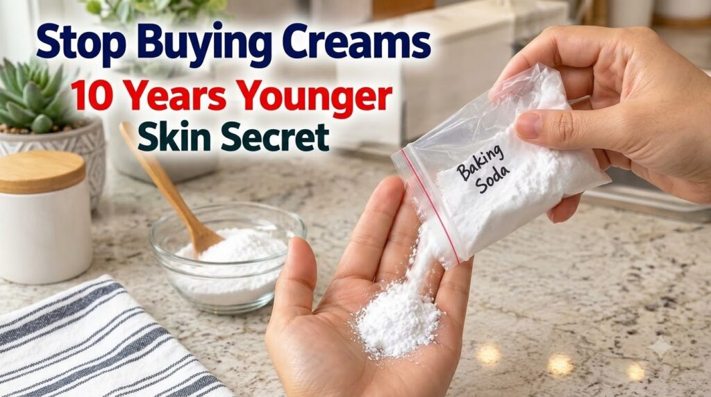Close-up of hands pouring white baking soda powder from a bag into an open palm Blurred background shows a glass bowl wi