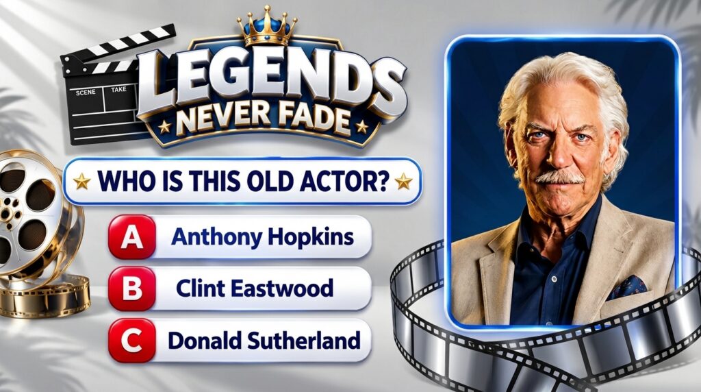 A mobile game quiz screen titled Legends Never Fade with a portrait of an older male actor Donald Sutherland framed in a