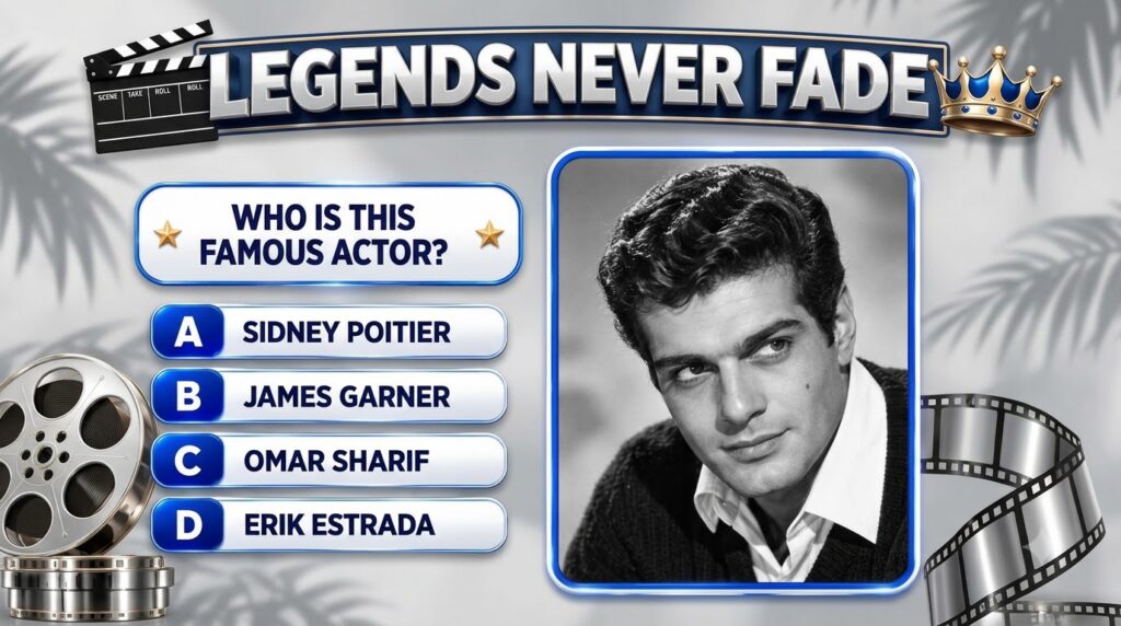 A black and white portrait of a charismatic actor Omar Sharif framed centrally in a classic quiz interface The title Leg