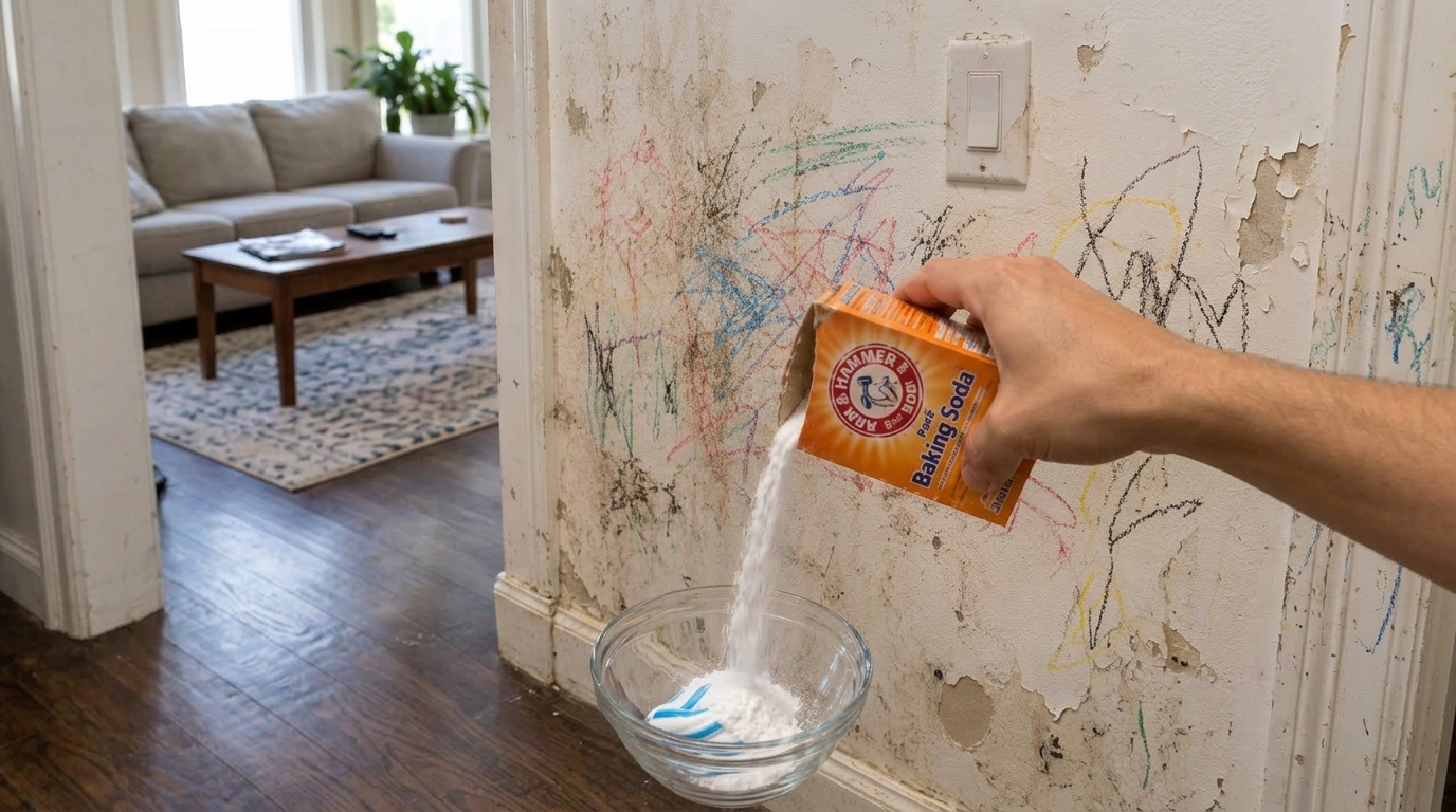 A person s hands pouring baking soda into a glass bowl with toothpaste preparing a cleaning solution The background show
