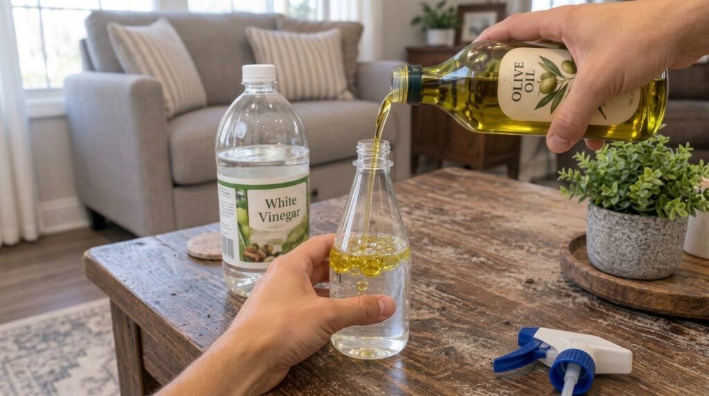 Hands pouring olive oil into a bottle with water next to a bottle of white vinegar on a rustic wooden table