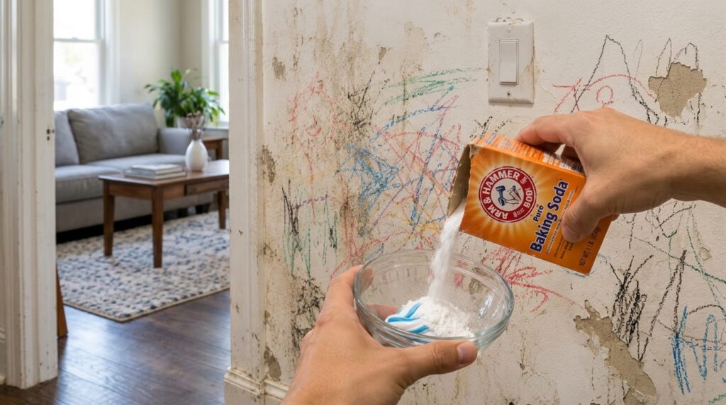 Hands mixing baking soda and toothpaste in a glass bowl with a crayon-marked wall in the background