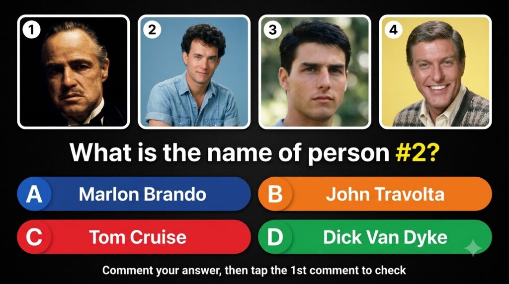 A social media quiz card showing a 2x2 grid of four classic male actors portraits The question What is the name of perso