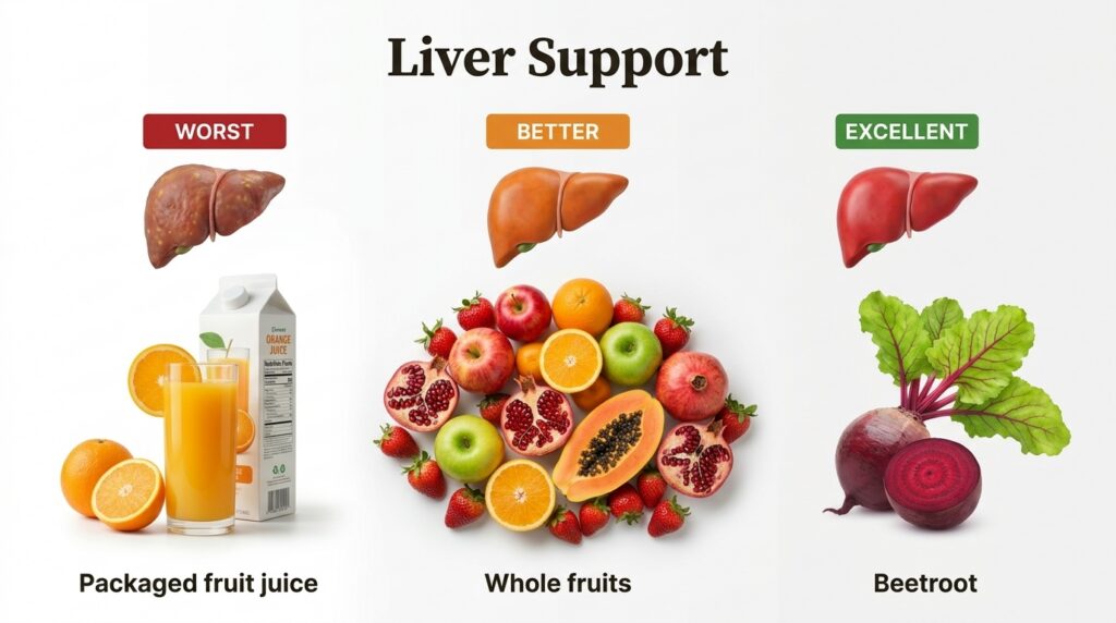 An infographic showing three columns Worst packaged fruit juice and a sad liver Better various whole fruits like apples 