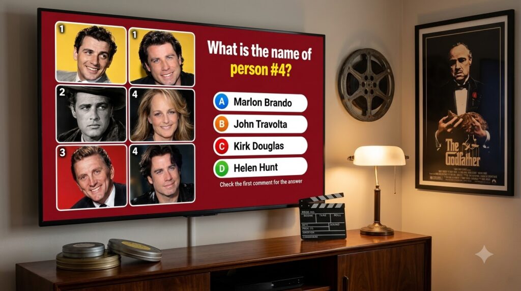 A social media quiz card asking What is the name of person 4 with four celebrity portraits one of which is Helen Hunt an