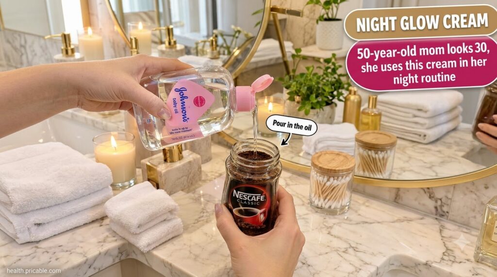 Hands mixing instant coffee granules and baby oil in a jar on a marble bathroom counter with NIGHT GLOW CREAM text overl
