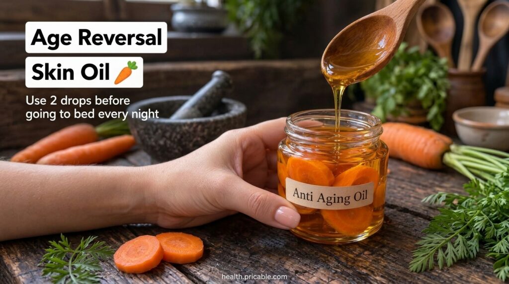 A hand gently pouring amber-colored carrot-infused oil from a wooden spoon into a small clear glass jar with carrot slic