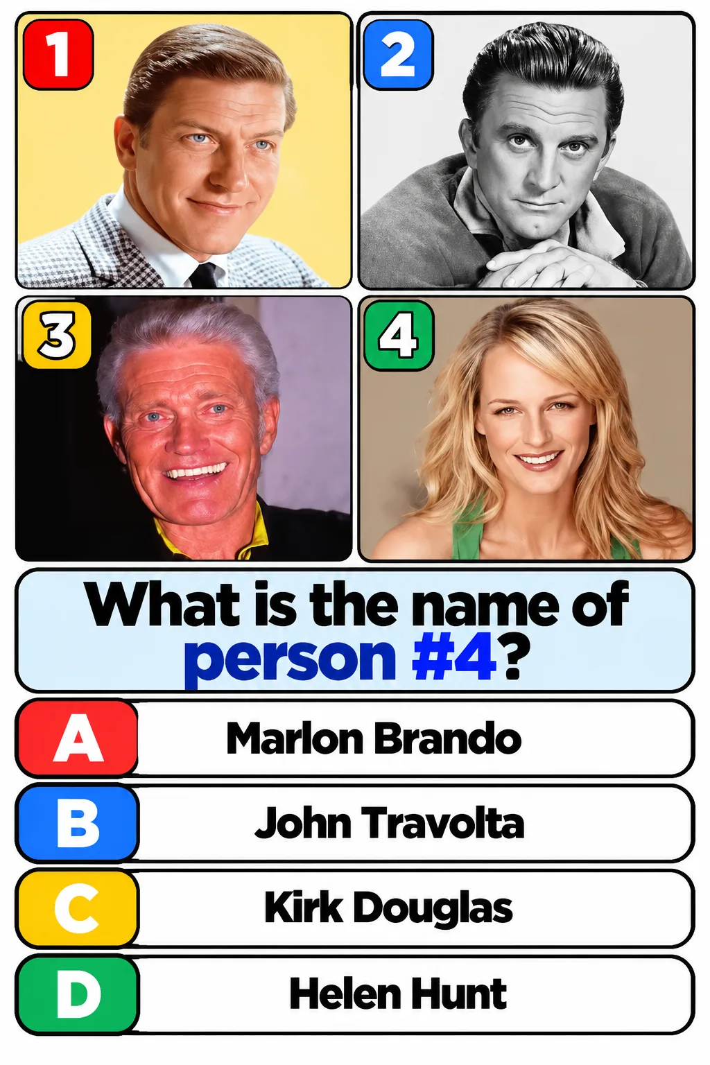 A multiple-choice quiz image featuring headshots of four celebrities Robert Culp Kirk Douglas Bob Newhart and Helen Hunt