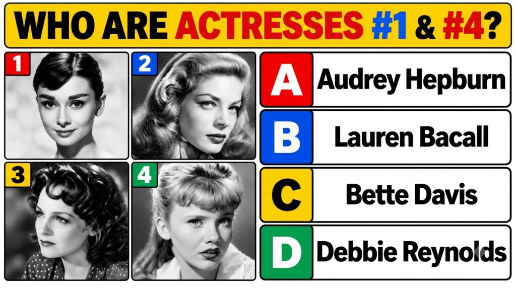 A black and white trivia quiz image featuring four classic Hollywood actresses in a 2x2 grid with multiple-choice option