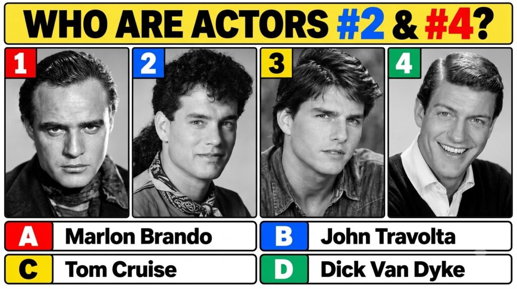 A black and white 2x2 grid of four classic Hollywood actors Marlon Brando top-left John Travolta top-right Tom Cruise bo