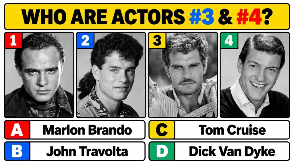 A black and white four-panel quiz featuring headshots of classic male actors with multiple-choice options below to ident