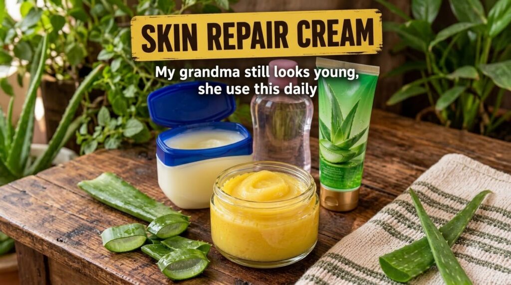 A flat lay composition of petroleum jelly baby oil aloe vera gel and a small jar of homemade yellow cream on a rustic wo