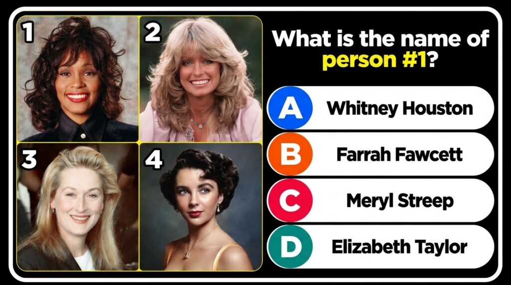 A multi-panel quiz image featuring headshots of Whitney Houston Farrah Fawcett Meryl Streep and Elizabeth Taylor with a 