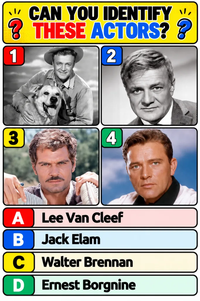 A vintage Hollywood actor identification quiz displaying four portraits of classic male actors in a grid with multiple-c