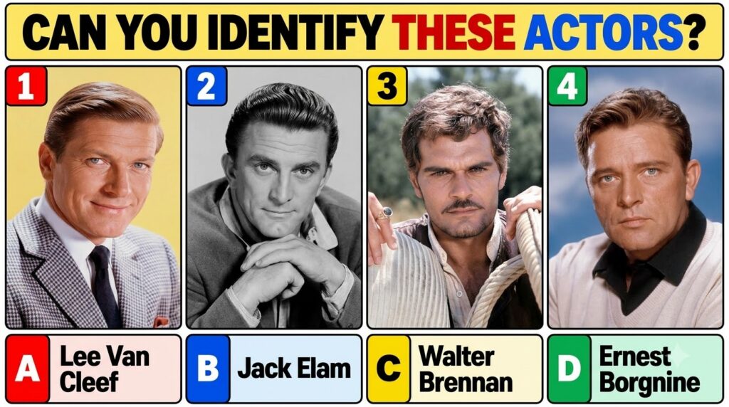 A multiple-choice quiz image featuring four classic Hollywood actors in a 2x2 grid with a question above and four name o