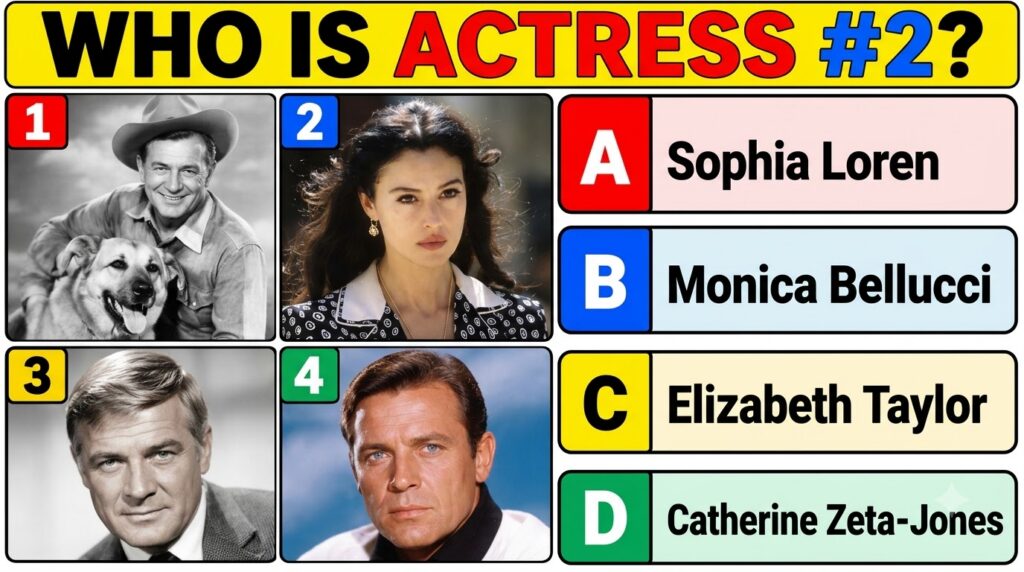 A quiz image featuring four celebrity portraits with WHO IS ACTRESS 2 as the title One of the portraits shows Monica Bel