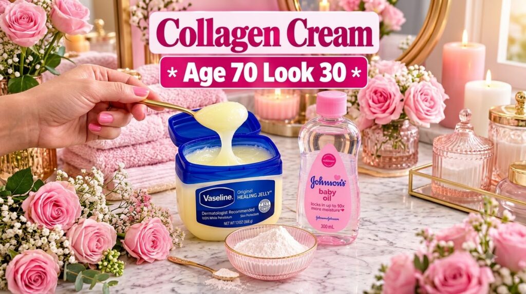 Various skincare ingredients on a marble surface including a tub of Vaseline a bottle of Johnson s Baby Oil and a bowl o