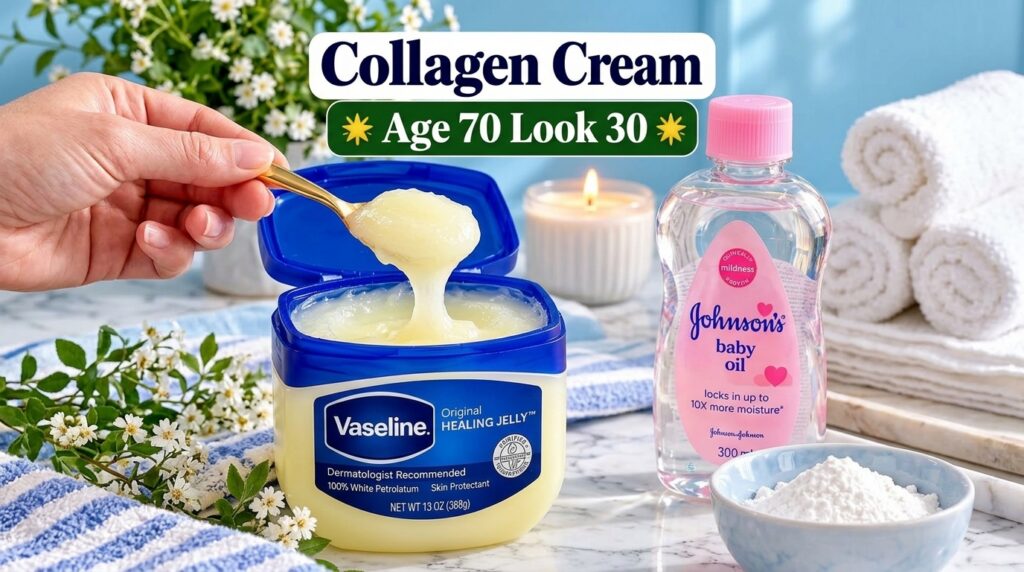 A tub of Vaseline a bottle of Johnson s Baby Oil and a small bowl of white powder with a golden spoon The background fea