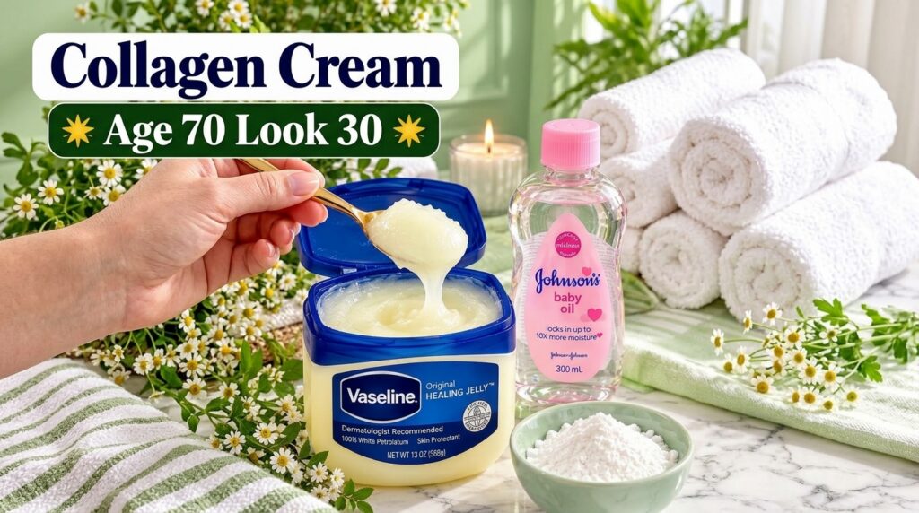 A hand holding a golden spoon lifting a gooey dollop of Vaseline petroleum jelly from its tub with a bottle of baby oil