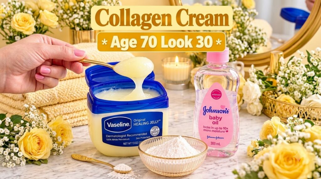 A hand holding a golden spoon with Vaseline over a blue tub next to a bottle of baby oil and a bowl of white powder on a