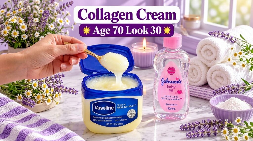 A hand scooping Vaseline from a blue tub with a golden spoon next to a bottle of baby oil a small bowl lavender and a li