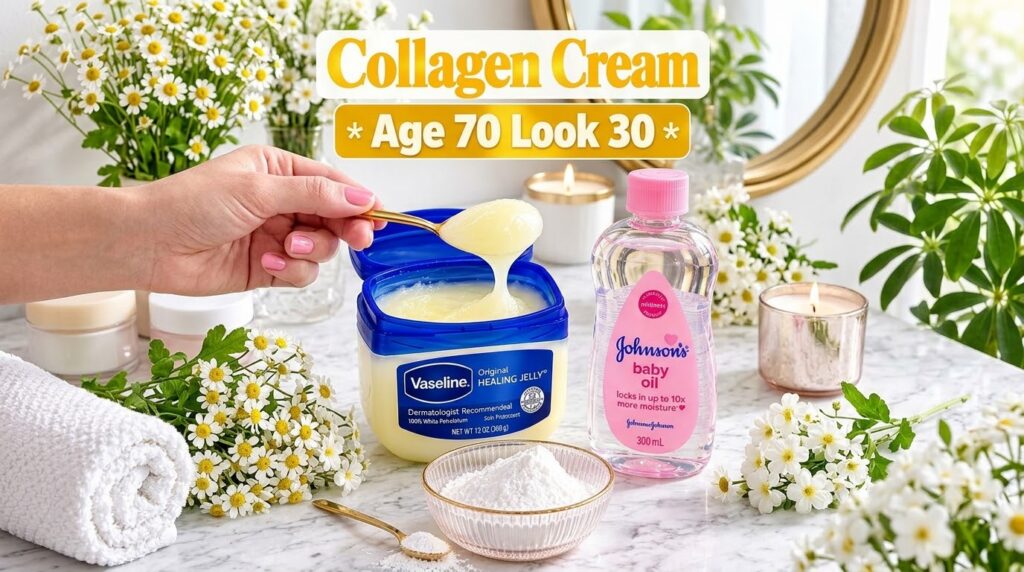 Ingredients for a DIY age-defying cream a tub of Vaseline a bottle of baby oil and a bowl of white powder cornstarch wit