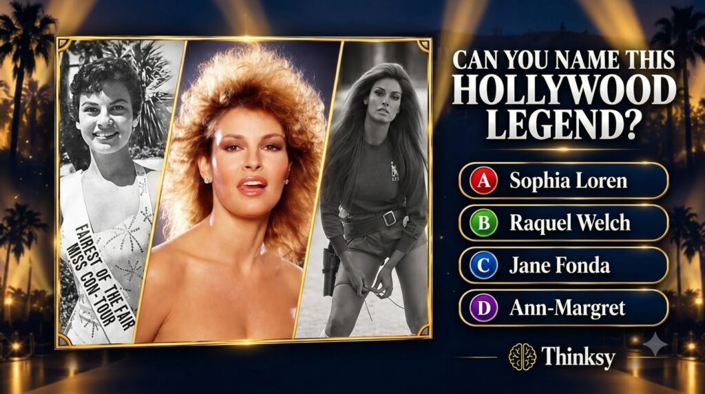 A quiz graphic asking Can you name this Hollywood legend It shows three framed portraits of a woman at different life st