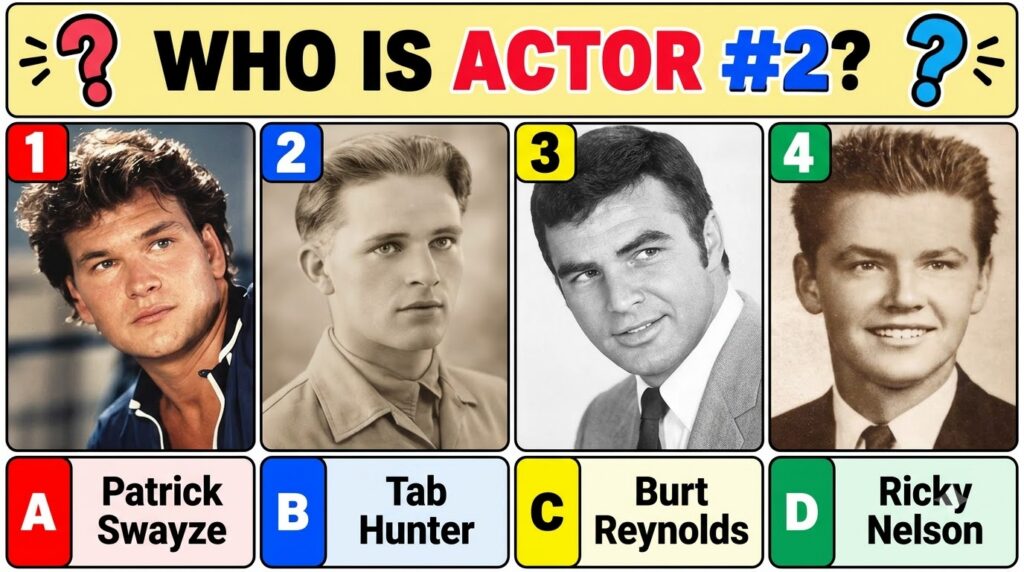 A multi-choice quiz image showing four classic actors headshots with Tab Hunter as Actor 2