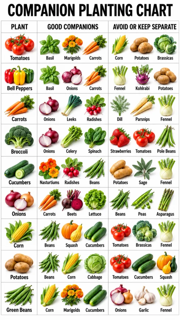 A colorful structured chart illustrating various garden plants with Good Companions and Avoid categories for each featur