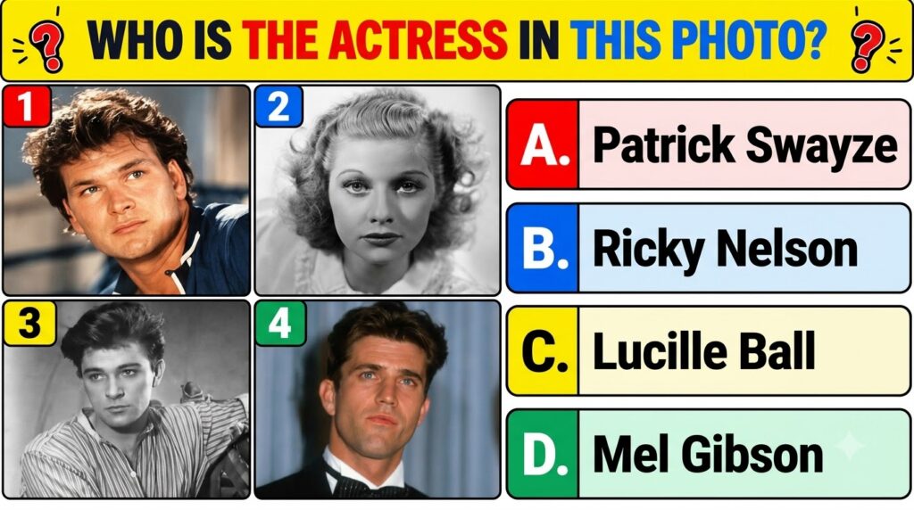 A multi-panel celebrity quiz featuring Patrick Swayze Lucille Ball Ricky Nelson and Mel Gibson with a question asking to