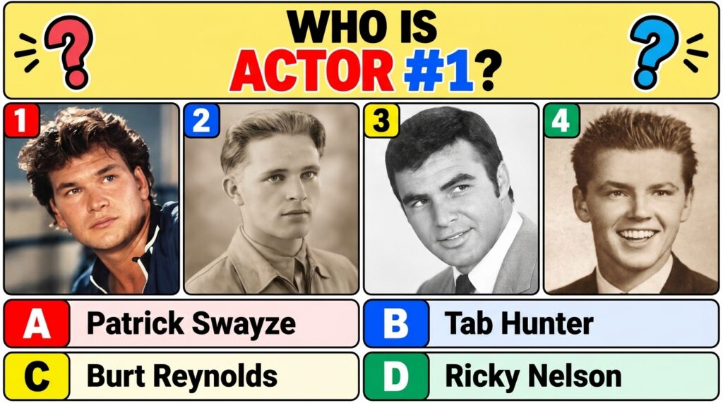 A multiple-choice quiz image asking WHO IS ACTOR 1 with four portrait photographs of actors Patrick Swayze Tab Hunter Bu