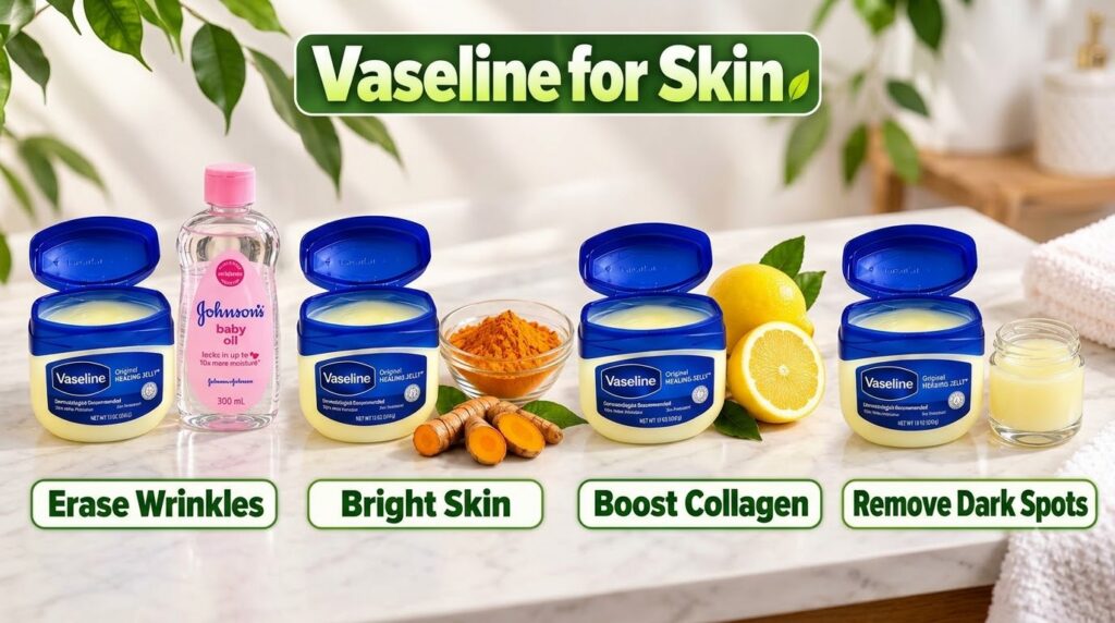 A grid of four panels each showing a tub of Vaseline Original Healing Jelly with a different complementary ingredient ba