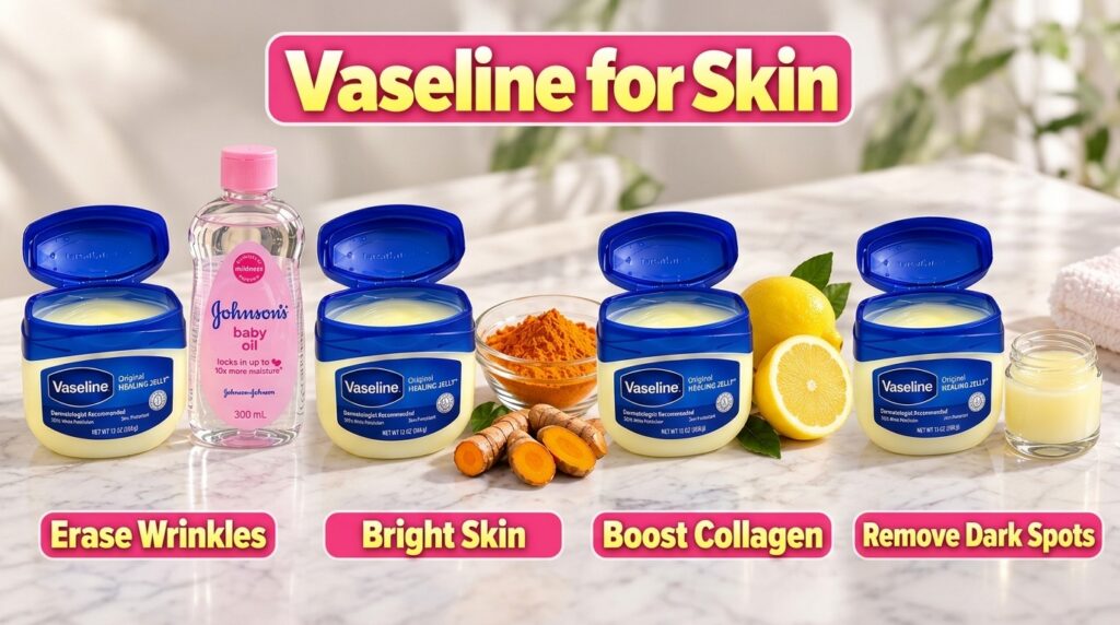 A vertical collage featuring four quadrants Each quadrant shows an open jar of Vaseline Original Healing Jelly next to a