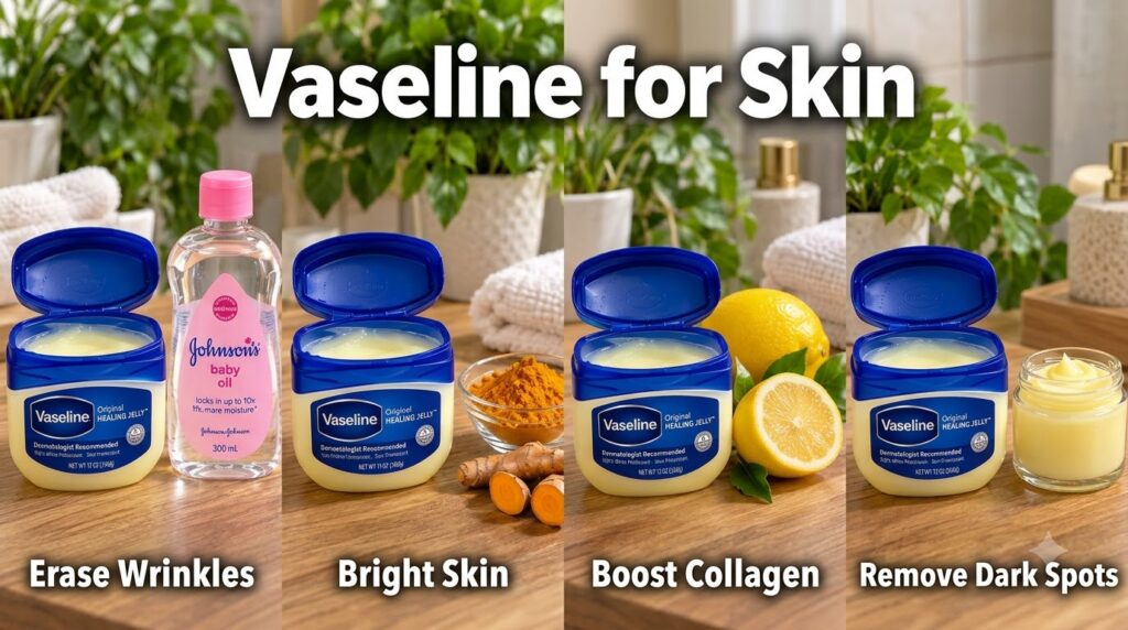 A 2x2 grid showing four different skincare applications of Vaseline with natural ingredients like baby oil turmeric and 