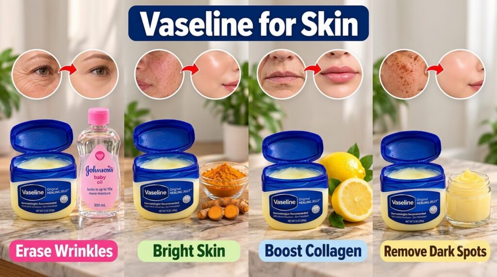 A 2x2 grid showing before and after skin transformations using Vaseline with different natural ingredients One quadrant 
