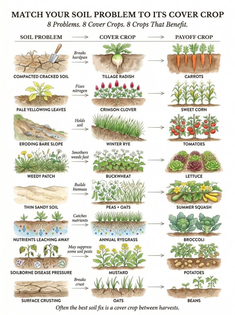 An infographic titled MATCH YOUR SOIL PROBLEM TO ITS COVER CROP showing 8 rows each with a soil problem a cover crop and