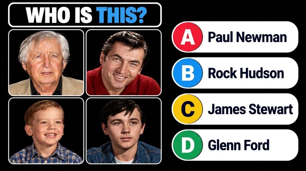 A quiz image showing Fess Parker at four different ages young boy teen middle-aged elderly in a 2x2 grid against black b