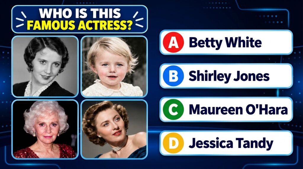 A multiple-choice quiz featuring the question WHO IS THIS FAMOUS ACTRESS and four portrait photographs of different wome