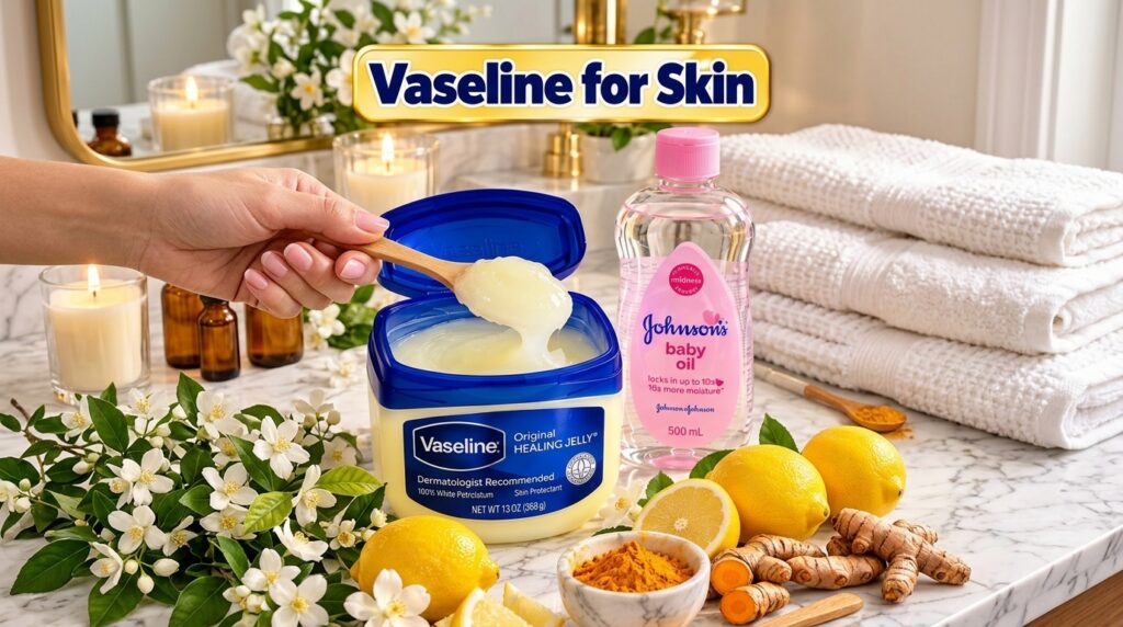 A still-life arrangement of skincare products and natural ingredients An open tub of Vaseline Healing Jelly a bottle of 