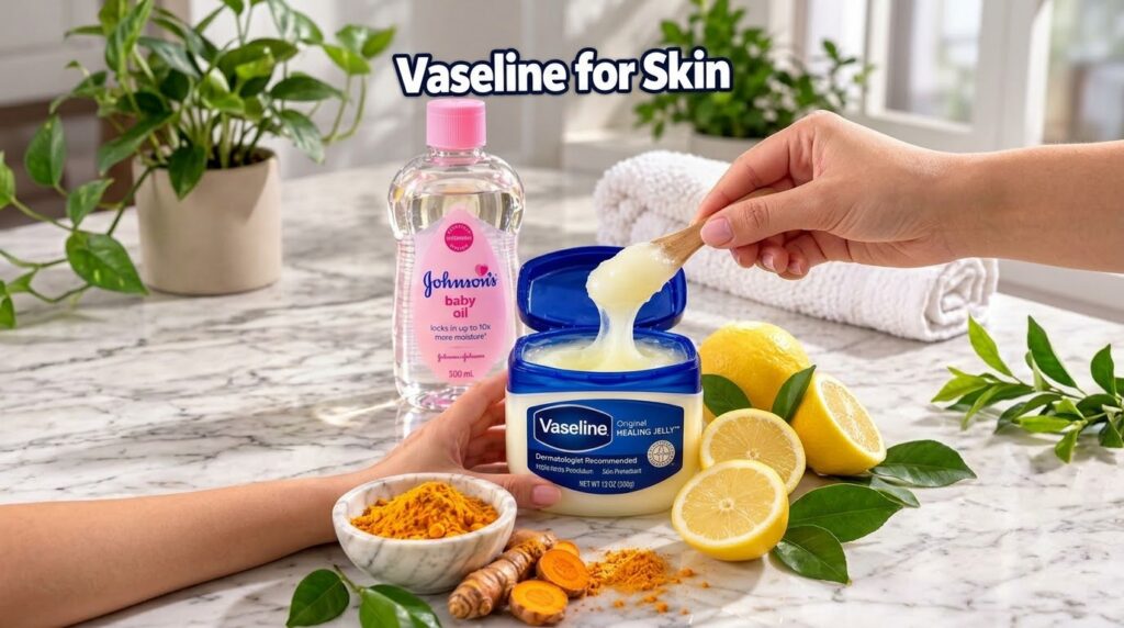 A studio setup showing a hand holding open a tub of Vaseline a wooden spoon pulling jelly from it Another hand holds a b