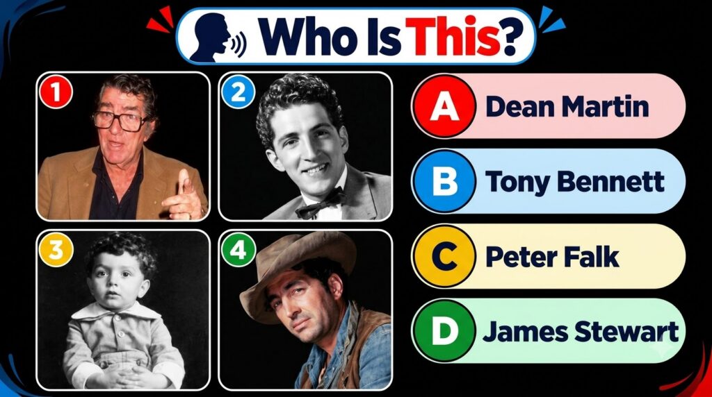 A multiple-choice quiz image titled Who Is This featuring four portraits of Dean Martin at different ages baby young man