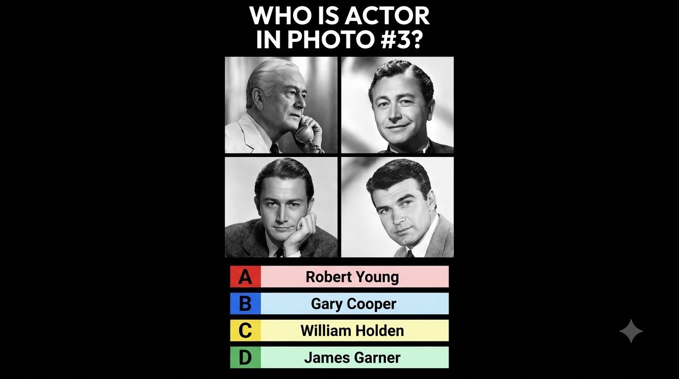 A black and white headshot of a classic male actor part of a multiple-choice quiz image with four options