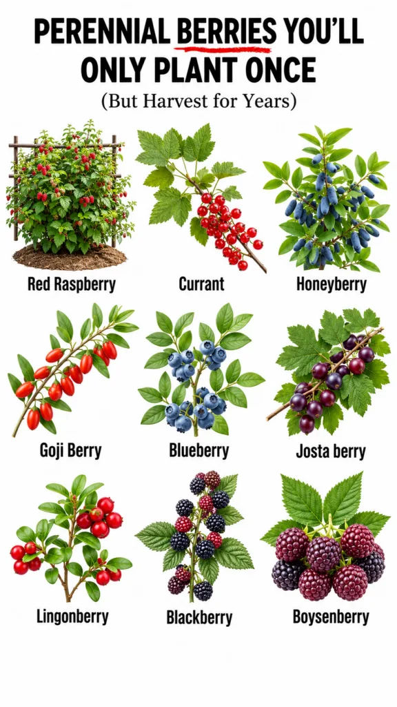 A grid infographic showcasing nine different types of perennial berries each with an image common name and care informat
