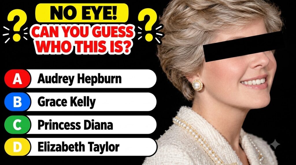 A multiple-choice quiz image showing a close-up profile of a smiling woman with blonde hair and pearls her eyes obscured