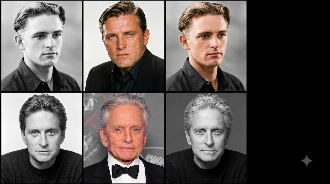 A split image featuring portraits of Kirk Douglas and Michael Douglas at different ages Kirk Douglas on one side younger