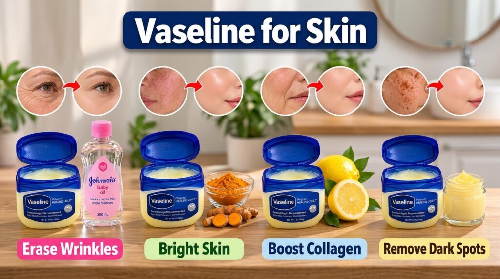 A visual collage promoting Vaseline for skin benefits showing four 2x2 sections Each section displays before and after s